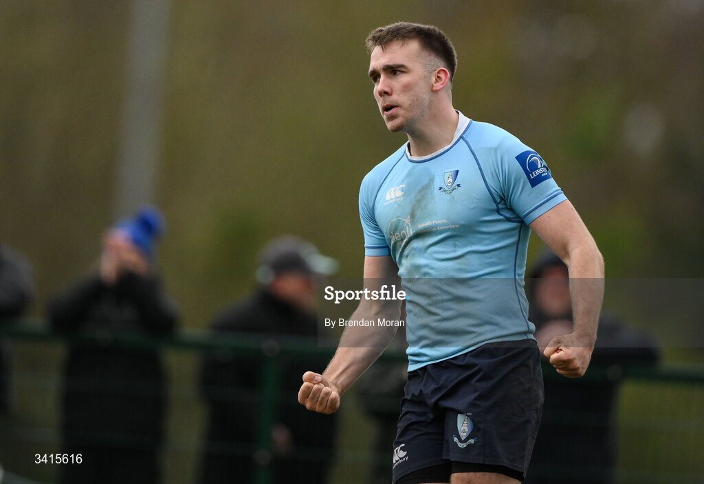 4 April 2026; Shane Mallon of MU Barnhall celebrates after his side scored their third try during the Energia Men's All-Ireland League Division match between MU Barnhall and Wanderers RFC at MU Barnhall RFC in Parsonstown, Kildare. Photo by Brendan Moran/Sportsfile