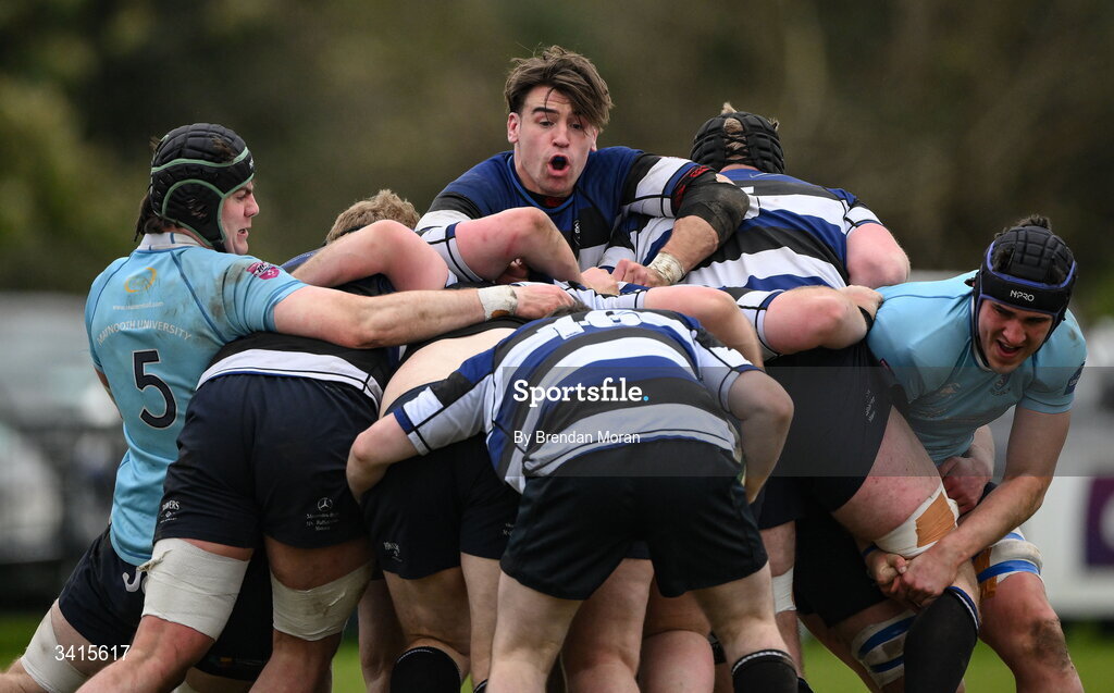 4 April 2026; Karl Madden of Wanderers controls a rolling maul during the Energia Men's All-Ireland League Division match between MU Barnhall and Wanderers RFC at MU Barnhall RFC in Parsonstown, Kildare. Photo by Brendan Moran/Sportsfile