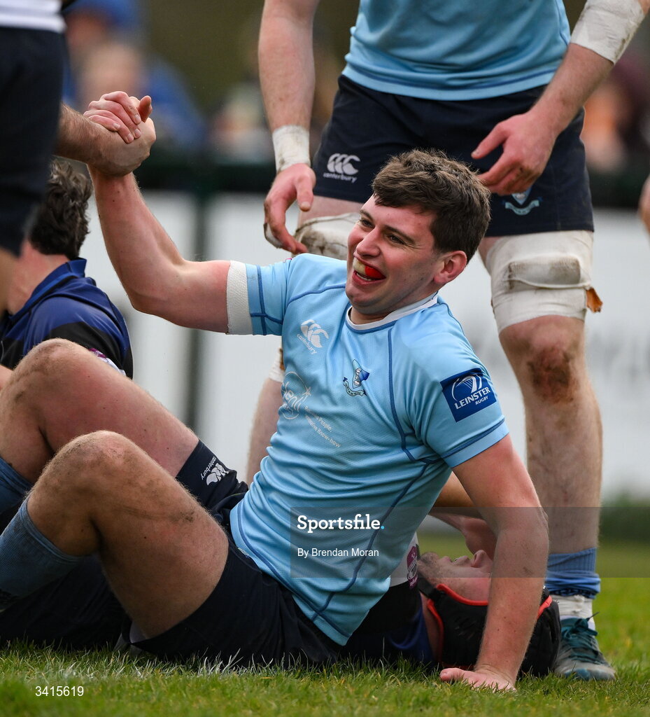4 April 2026; Jack Hannon of MU Barnhall celebrates after scoring his side's first try during the Energia Men's All-Ireland League Division match between MU Barnhall and Wanderers RFC at MU Barnhall RFC in Parsonstown, Kildare. Photo by Brendan Moran/Sportsfile
