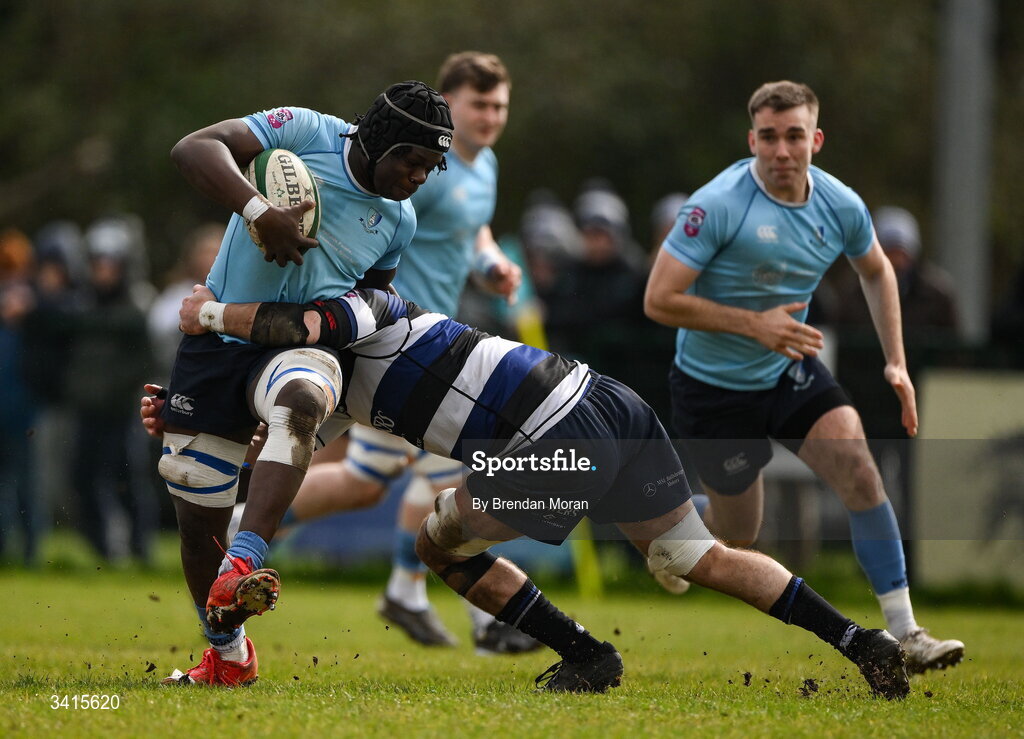 4 April 2026; Abdul Olaosebikan of MU Barnhall is tackled by Conor McMenamin of Wanderers during the Energia Men's All-Ireland League Division match between MU Barnhall and Wanderers RFC at MU Barnhall RFC in Parsonstown, Kildare. Photo by Brendan Moran/Sportsfile