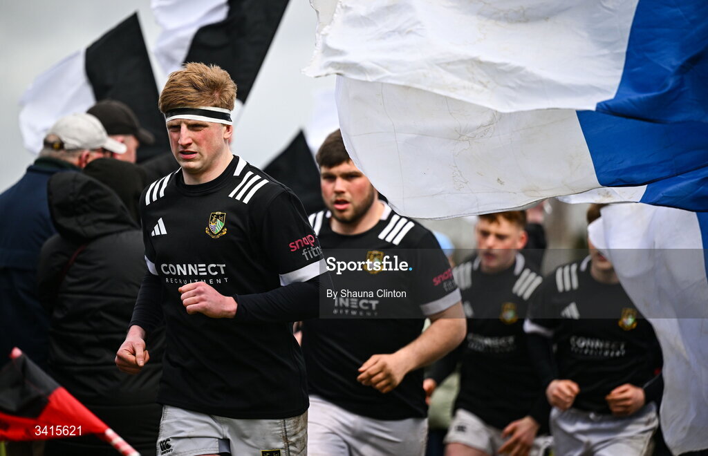 4 April 2026; Longford RFC players run onto the pitch ahead of the Bank of Ireland Provincial Towns Cup semi-final match between Athy RFC and Longford RFC at Cill Dara RFC in Silken Thomas Park in Kildare. Photo by Shauna Clinton/Sportsfile