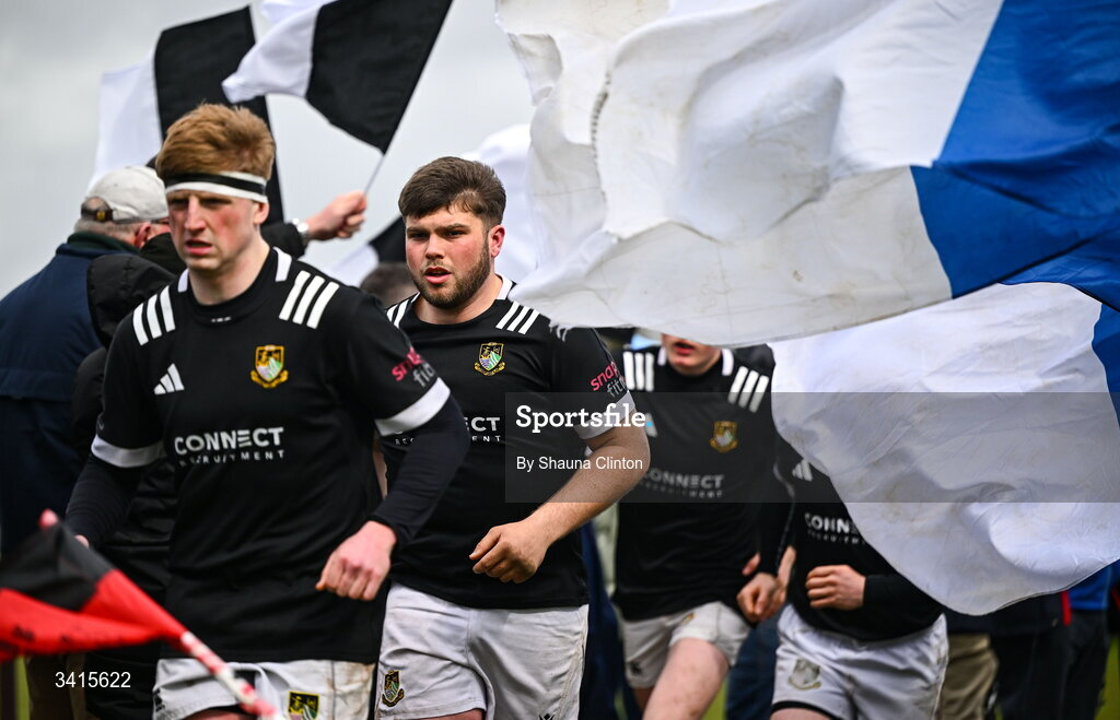 4 April 2026; Longford RFC players run onto the pitch ahead of the Bank of Ireland Provincial Towns Cup semi-final match between Athy RFC and Longford RFC at Cill Dara RFC in Silken Thomas Park in Kildare. Photo by Shauna Clinton/Sportsfile