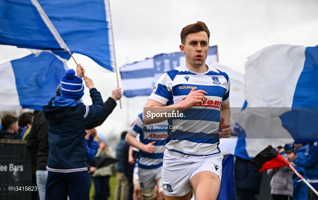4 April 2026; Athy RFC players run onto the pitch ahead of the Bank of Ireland Provincial Towns Cup semi-final match between Athy RFC and Longford RFC at Cill Dara RFC in Silken Thomas Park in Kildare. Photo by Shauna Clinton/Sportsfile