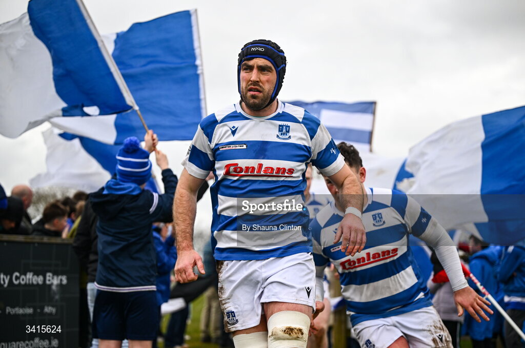 4 April 2026; Athy RFC players run onto the pitch ahead of the Bank of Ireland Provincial Towns Cup semi-final match between Athy RFC and Longford RFC at Cill Dara RFC in Silken Thomas Park in Kildare. Photo by Shauna Clinton/Sportsfile