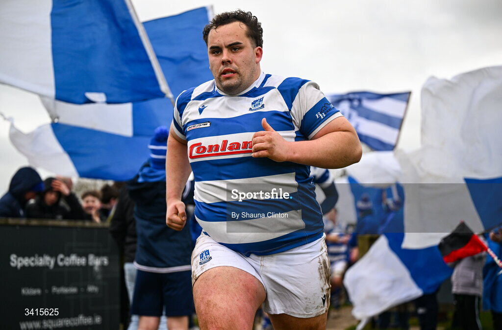 4 April 2026; Athy RFC players run onto the pitch ahead of the Bank of Ireland Provincial Towns Cup semi-final match between Athy RFC and Longford RFC at Cill Dara RFC in Silken Thomas Park in Kildare. Photo by Shauna Clinton/Sportsfile