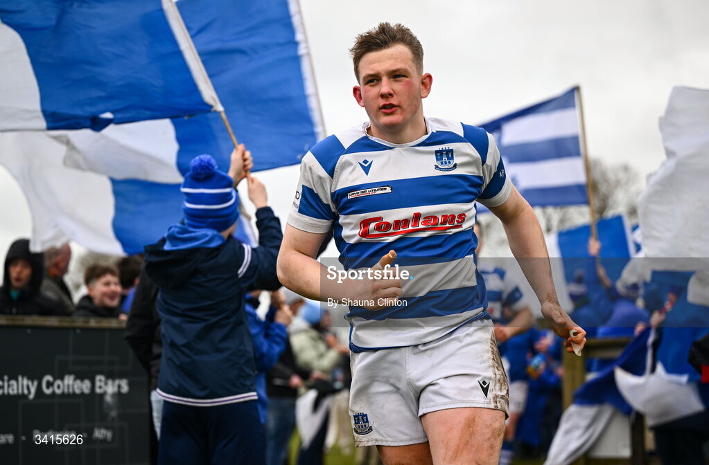 4 April 2026; Athy RFC players run onto the pitch ahead of the Bank of Ireland Provincial Towns Cup semi-final match between Athy RFC and Longford RFC at Cill Dara RFC in Silken Thomas Park in Kildare. Photo by Shauna Clinton/Sportsfile