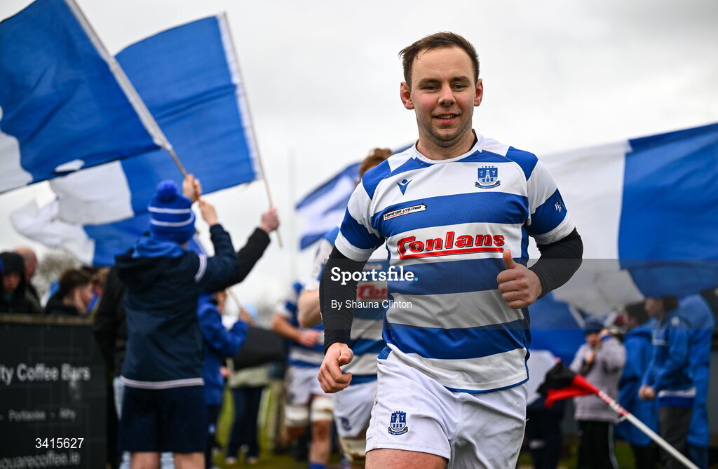 4 April 2026; Athy RFC players run onto the pitch ahead of the Bank of Ireland Provincial Towns Cup semi-final match between Athy RFC and Longford RFC at Cill Dara RFC in Silken Thomas Park in Kildare. Photo by Shauna Clinton/Sportsfile