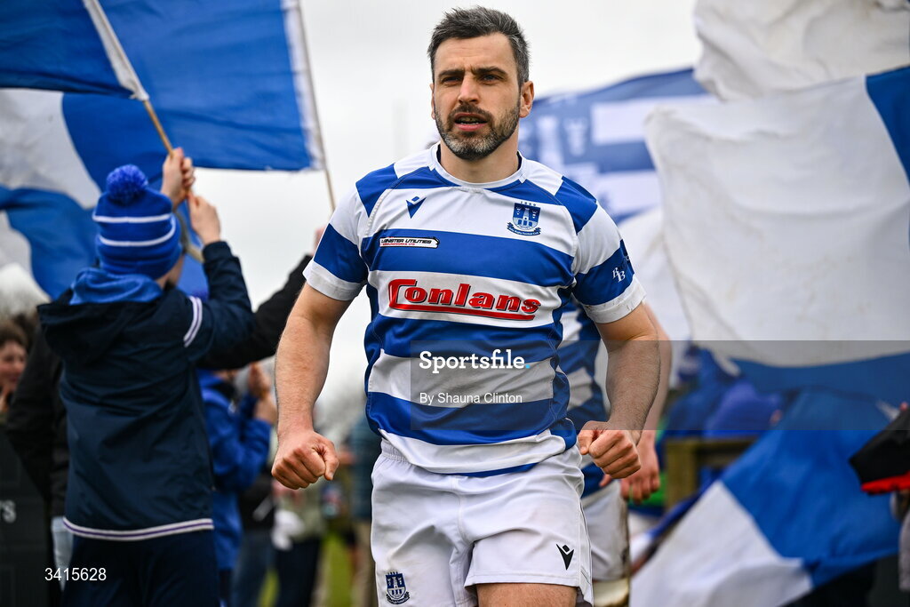 4 April 2026; Athy RFC players run onto the pitch ahead of the Bank of Ireland Provincial Towns Cup semi-final match between Athy RFC and Longford RFC at Cill Dara RFC in Silken Thomas Park in Kildare. Photo by Shauna Clinton/Sportsfile
