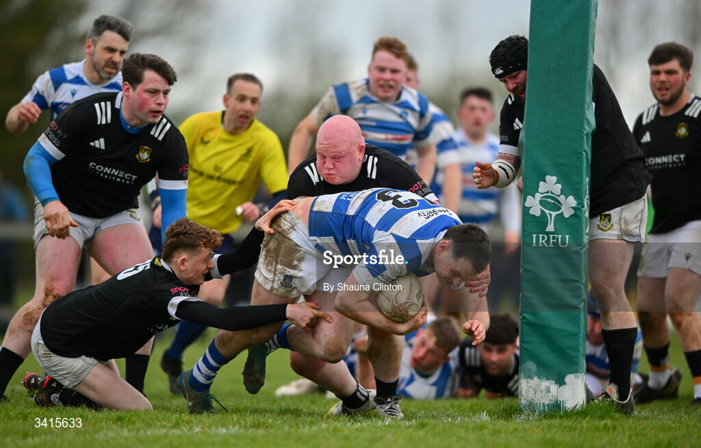 4 April 2026; Tom Sheedy of Athy RFC scores his side's first try during the Bank of Ireland Provincial Towns Cup semi-final match between Athy RFC and Longford RFC at Cill Dara RFC in Silken Thomas Park in Kildare. Photo by Shauna Clinton/Sportsfile
