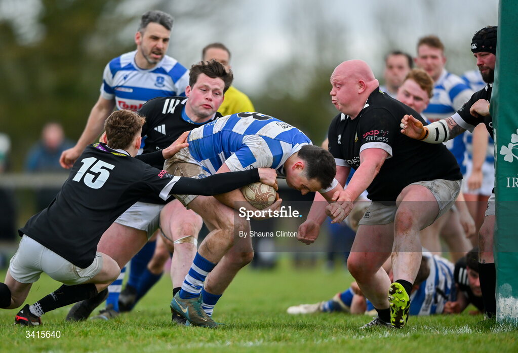 4 April 2026; Tom Sheedy of Athy RFC scores his side's first try during the Bank of Ireland Provincial Towns Cup semi-final match between Athy RFC and Longford RFC at Cill Dara RFC in Silken Thomas Park in Kildare. Photo by Shauna Clinton/Sportsfile