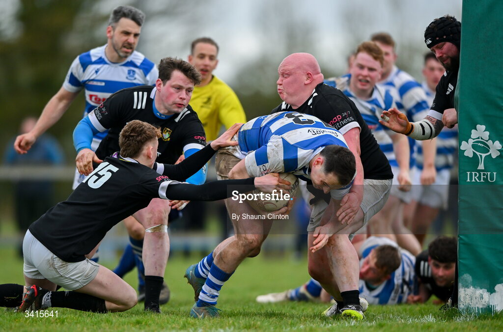 4 April 2026; Tom Sheedy of Athy RFC scores his side's first try during the Bank of Ireland Provincial Towns Cup semi-final match between Athy RFC and Longford RFC at Cill Dara RFC in Silken Thomas Park in Kildare. Photo by Shauna Clinton/Sportsfile