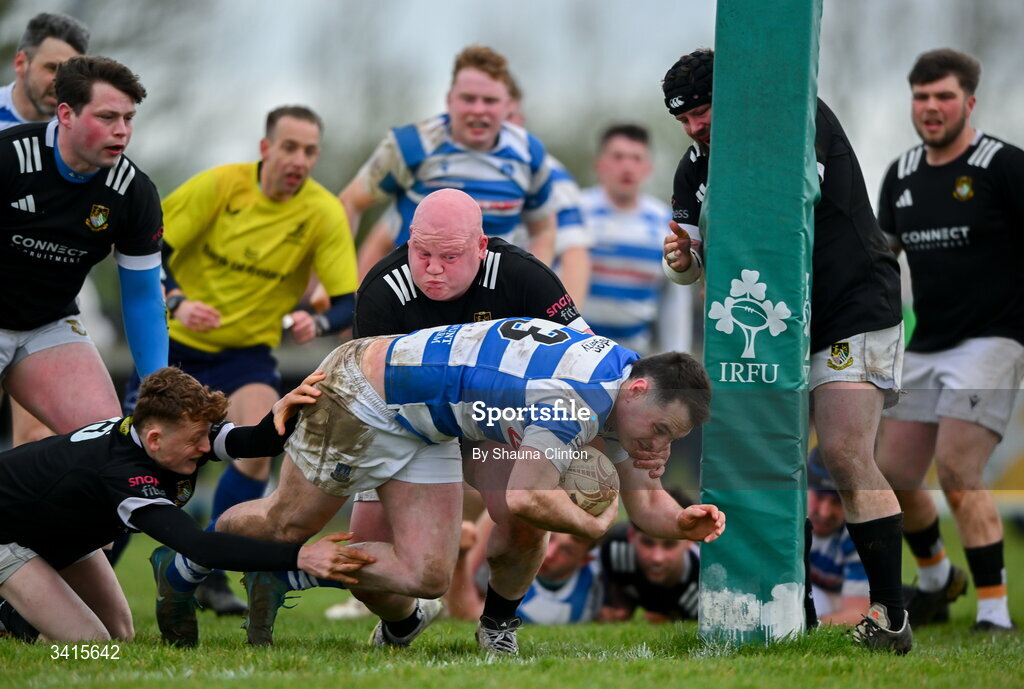 4 April 2026; Tom Sheedy of Athy RFC scores his side's first try during the Bank of Ireland Provincial Towns Cup semi-final match between Athy RFC and Longford RFC at Cill Dara RFC in Silken Thomas Park in Kildare. Photo by Shauna Clinton/Sportsfile