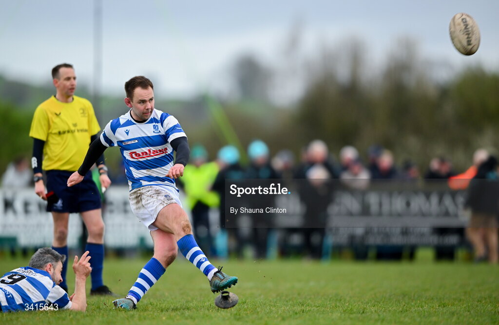 4 April 2026; Josh Millar of Athy RFC kicks a conversion during the Bank of Ireland Provincial Towns Cup semi-final match between Athy RFC and Longford RFC at Cill Dara RFC in Silken Thomas Park in Kildare. Photo by Shauna Clinton/Sportsfile
