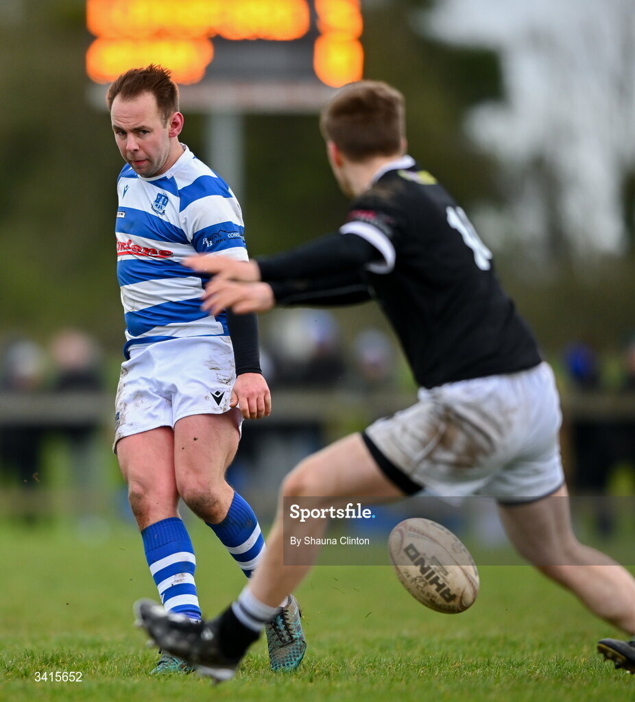 4 April 2026; Josh Millar of Athy RFC kicks on during the Bank of Ireland Provincial Towns Cup semi-final match between Athy RFC and Longford RFC at Cill Dara RFC in Silken Thomas Park in Kildare. Photo by Shauna Clinton/Sportsfile