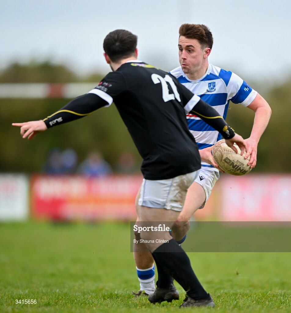 4 April 2026; Aidan Henry of Athy RFC makes a break during the Bank of Ireland Provincial Towns Cup semi-final match between Athy RFC and Longford RFC at Cill Dara RFC in Silken Thomas Park in Kildare. Photo by Shauna Clinton/Sportsfile
