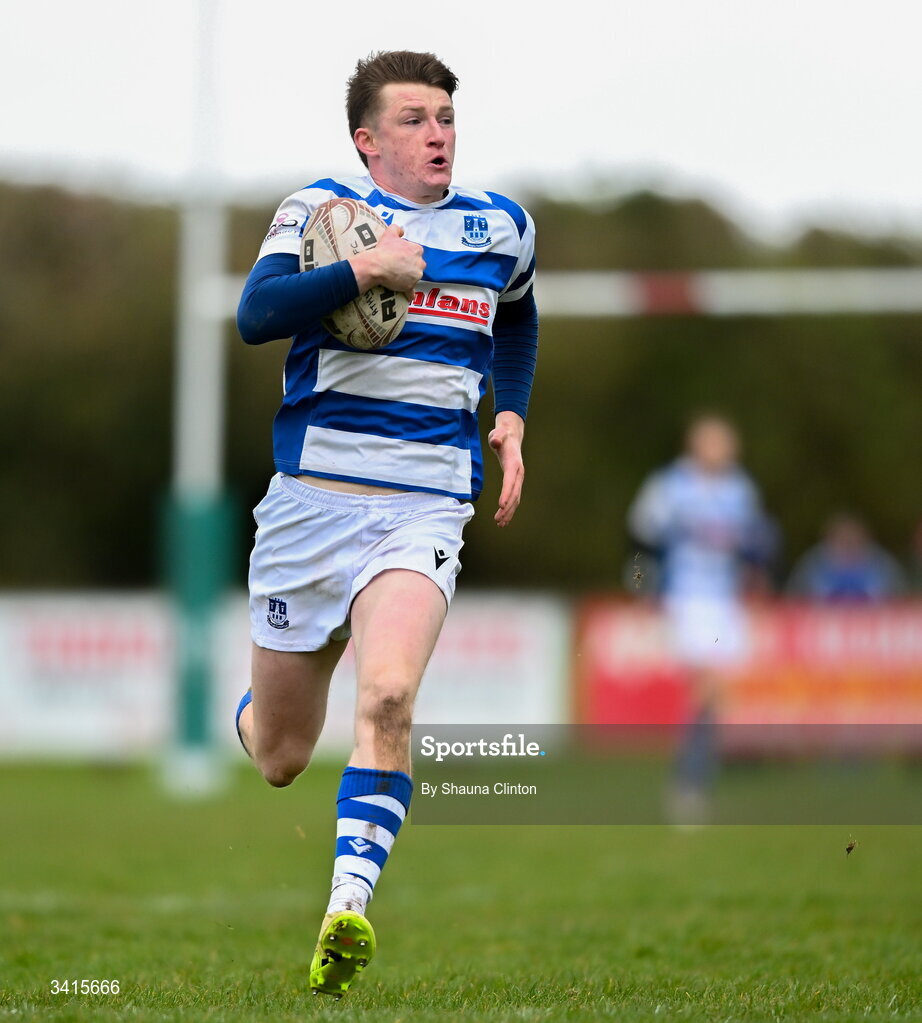 4 April 2026; Ciarán Fennessy of Athy RFC makes a break during the Bank of Ireland Provincial Towns Cup semi-final match between Athy RFC and Longford RFC at Cill Dara RFC in Silken Thomas Park in Kildare. Photo by Shauna Clinton/Sportsfile