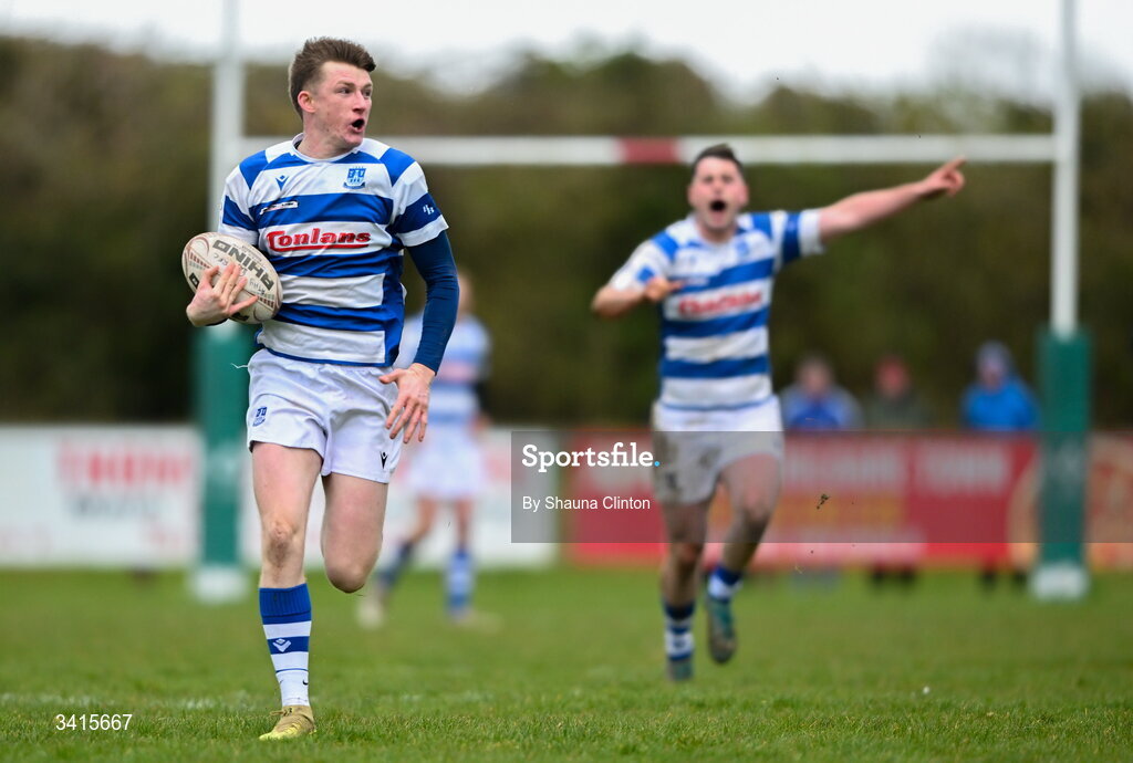 4 April 2026; Ciarán Fennessy of Athy RFC makes a break during the Bank of Ireland Provincial Towns Cup semi-final match between Athy RFC and Longford RFC at Cill Dara RFC in Silken Thomas Park in Kildare. Photo by Shauna Clinton/Sportsfile