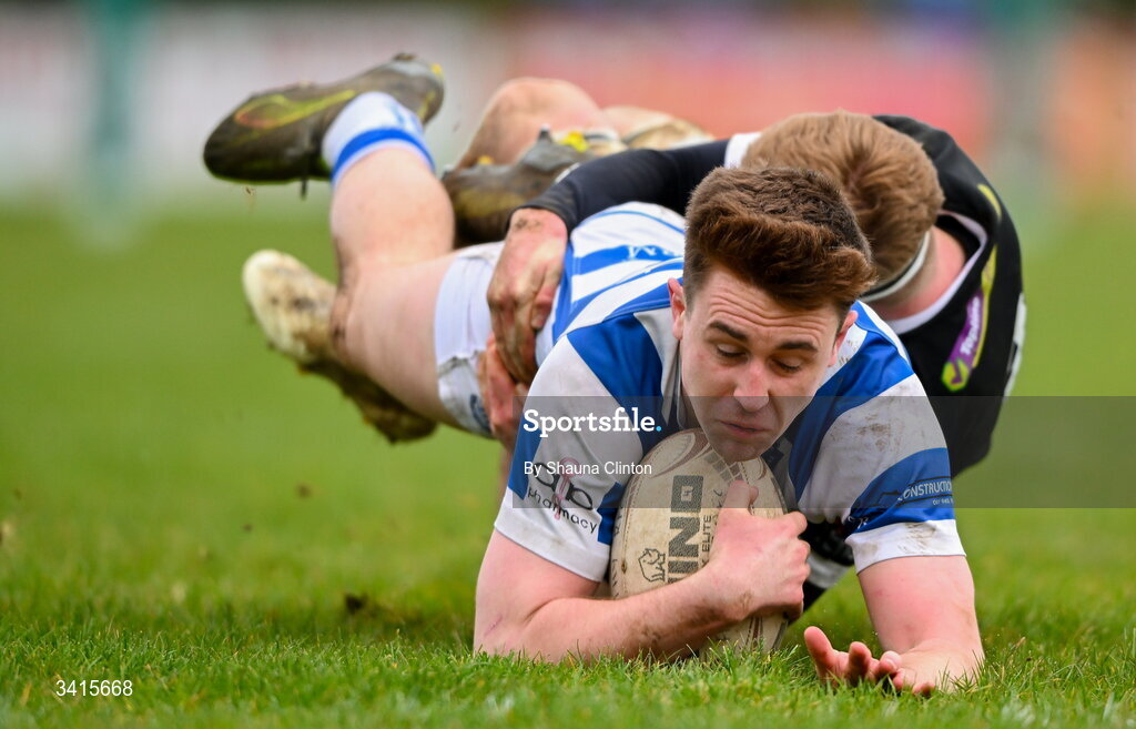 4 April 2026; Aidan Henry of Athy RFC is tackled by Mark McHugh of Longford RFC during the Bank of Ireland Provincial Towns Cup semi-final match between Athy RFC and Longford RFC at Cill Dara RFC in Silken Thomas Park in Kildare. Photo by Shauna Clinton/Sportsfile