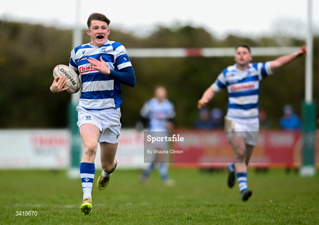 4 April 2026; Ciarán Fennessy of Athy RFC makes a break during the Bank of Ireland Provincial Towns Cup semi-final match between Athy RFC and Longford RFC at Cill Dara RFC in Silken Thomas Park in Kildare. Photo by Shauna Clinton/Sportsfile