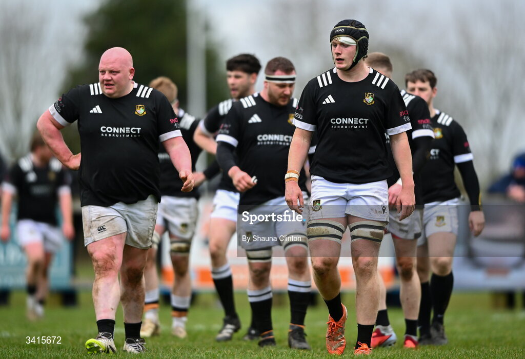 4 April 2026; Longford RFC players dejected after conceding a try during the Bank of Ireland Provincial Towns Cup semi-final match between Athy RFC and Longford RFC at Cill Dara RFC in Silken Thomas Park in Kildare. Photo by Shauna Clinton/Sportsfile