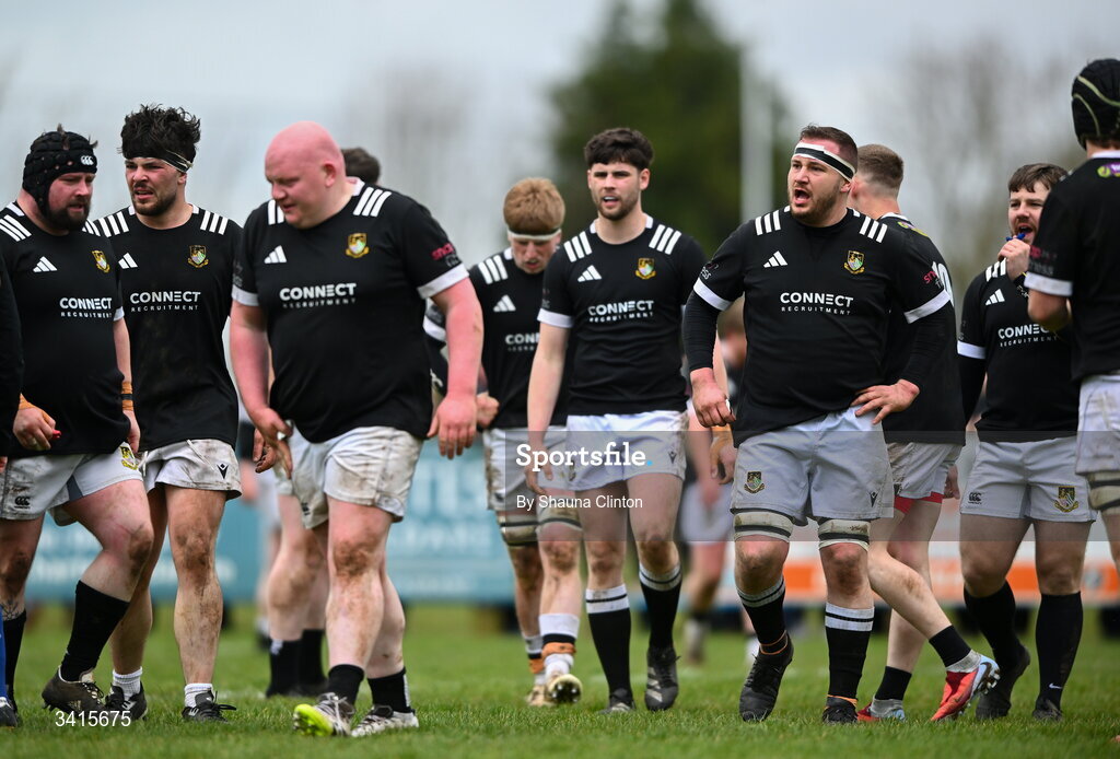4 April 2026; Longford RFC players dejected after conceding a try during the Bank of Ireland Provincial Towns Cup semi-final match between Athy RFC and Longford RFC at Cill Dara RFC in Silken Thomas Park in Kildare. Photo by Shauna Clinton/Sportsfile