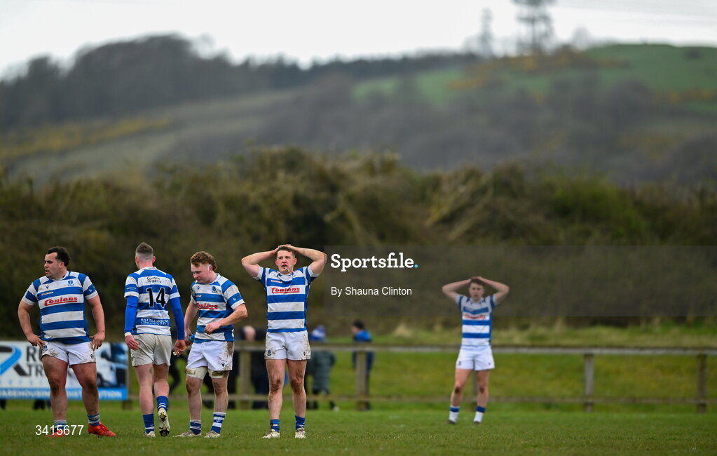 4 April 2026; Athy RFC players react after their try was disallowed during the Bank of Ireland Provincial Towns Cup semi-final match between Athy RFC and Longford RFC at Cill Dara RFC in Silken Thomas Park in Kildare. Photo by Shauna Clinton/Sportsfile
