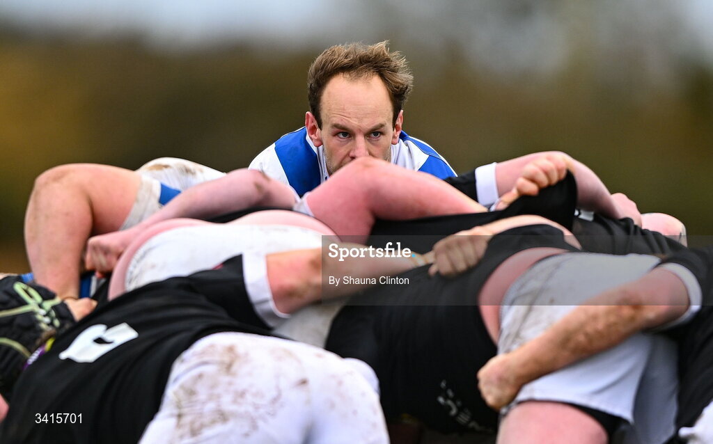 4 April 2026; Craig Millar of Athy RFC oversees a scrum during the Bank of Ireland Provincial Towns Cup semi-final match between Athy RFC and Longford RFC at Cill Dara RFC in Silken Thomas Park in Kildare. Photo by Shauna Clinton/Sportsfile