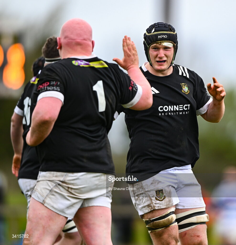 4 April 2026; Longford RFC players Shane McGuigan, right, and Padraig O'Farrell celebrate winning a penalty during the Bank of Ireland Provincial Towns Cup semi-final match between Athy RFC and Longford RFC at Cill Dara RFC in Silken Thomas Park in Kildare. Photo by Shauna Clinton/Sportsfile