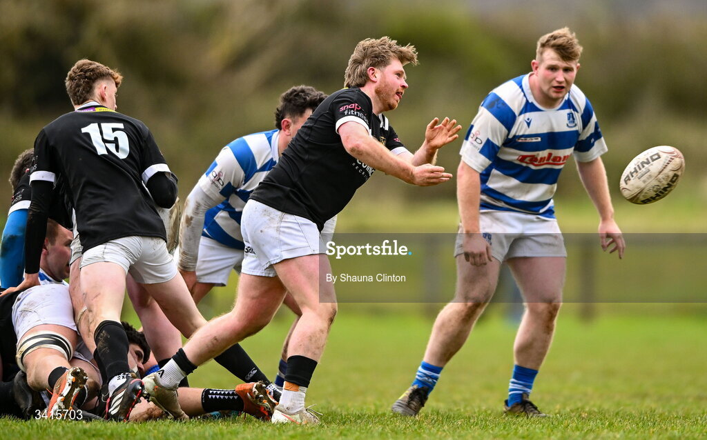 4 April 2026; Andrew Farrell of Longford RFC clears a break-down during the Bank of Ireland Provincial Towns Cup semi-final match between Athy RFC and Longford RFC at Cill Dara RFC in Silken Thomas Park in Kildare. Photo by Shauna Clinton/Sportsfile