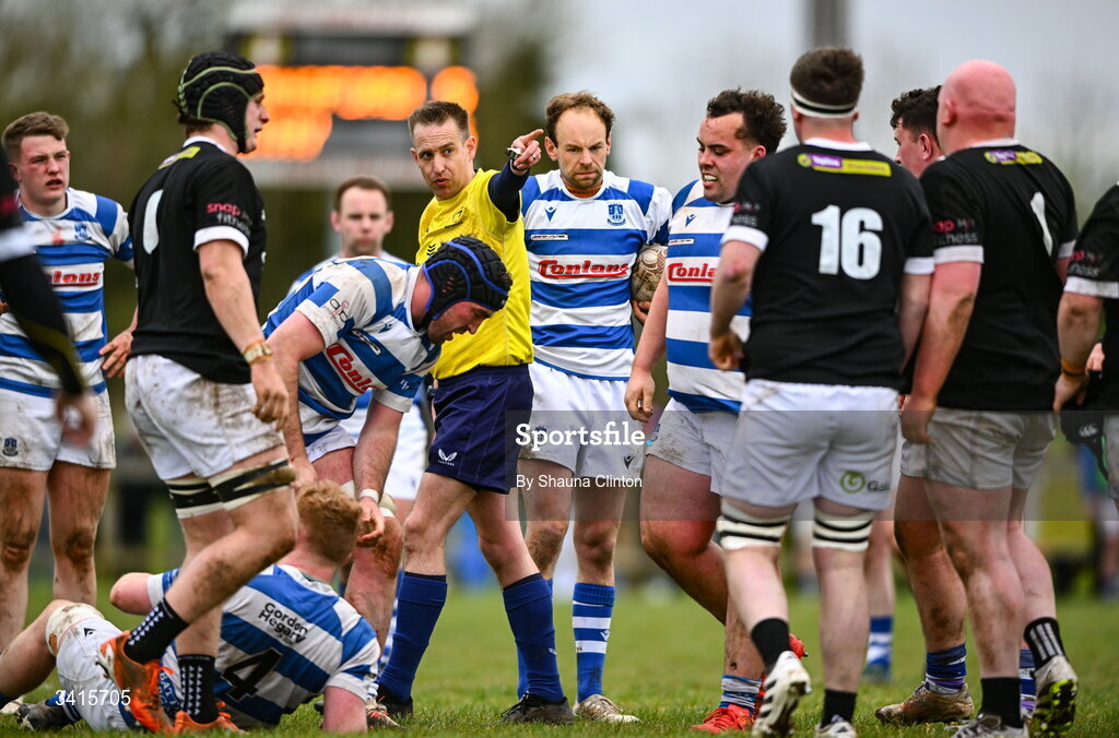 4 April 2026; Referee David Williams during the Bank of Ireland Provincial Towns Cup semi-final match between Athy RFC and Longford RFC at Cill Dara RFC in Silken Thomas Park in Kildare. Photo by Shauna Clinton/Sportsfile