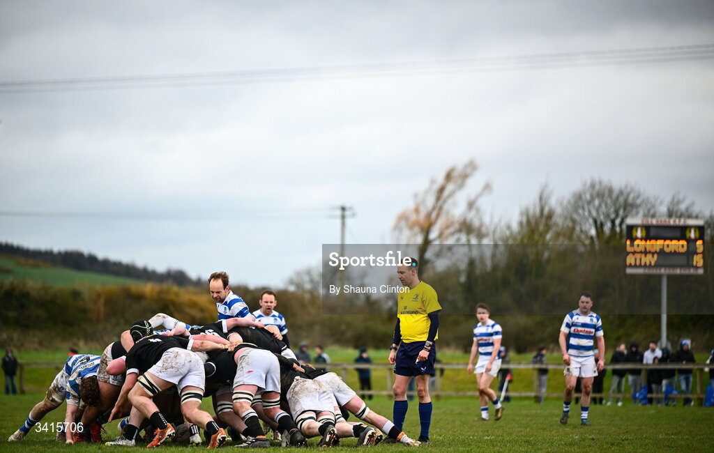 4 April 2026; A general view of a scrum during the Bank of Ireland Provincial Towns Cup semi-final match between Athy RFC and Longford RFC at Cill Dara RFC in Silken Thomas Park in Kildare. Photo by Shauna Clinton/Sportsfile