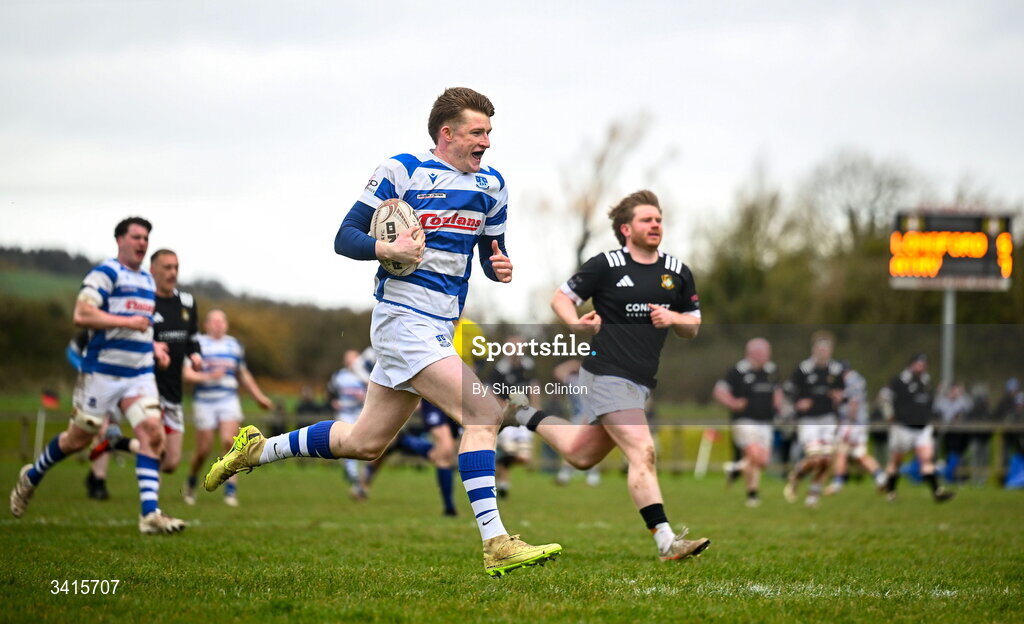 4 April 2026; Ciarán Fennessy of Athy RFC makes a break on his was to scoring a try that was subsequently disallowed during the Bank of Ireland Provincial Towns Cup semi-final match between Athy RFC and Longford RFC at Cill Dara RFC in Silken Thomas Park in Kildare. Photo by Shauna Clinton/Sportsfile