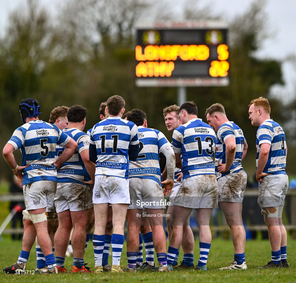 4 April 2026; Athy RFC players huddle during the Bank of Ireland Provincial Towns Cup semi-final match between Athy RFC and Longford RFC at Cill Dara RFC in Silken Thomas Park in Kildare. Photo by Shauna Clinton/Sportsfile