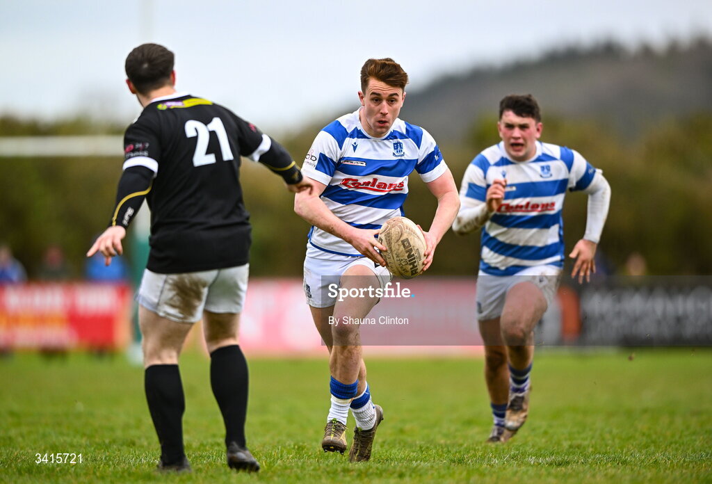 4 April 2026; Aidan Henry of Athy RFC makes a break during the Bank of Ireland Provincial Towns Cup semi-final match between Athy RFC and Longford RFC at Cill Dara RFC in Silken Thomas Park in Kildare. Photo by Shauna Clinton/Sportsfile