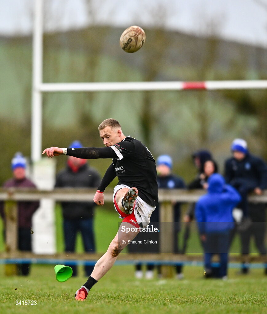 4 April 2026; Jayden Boshoff of Longford RFC kicks a penalty try during the Bank of Ireland Provincial Towns Cup semi-final match between Athy RFC and Longford RFC at Cill Dara RFC in Silken Thomas Park in Kildare. Photo by Shauna Clinton/Sportsfile
