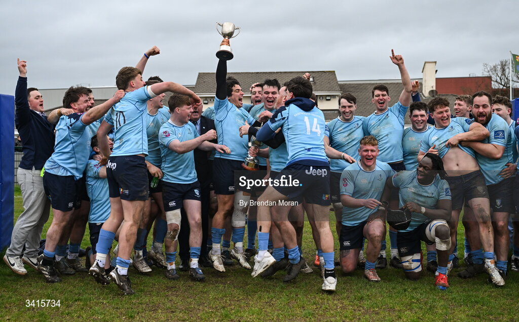 4 April 2026; The MU Barnhall team celebrate with the Energia AIL Division 2 cup after the Energia Men's All-Ireland League Division match between MU Barnhall and Wanderers RFC at MU Barnhall RFC in Parsonstown, Kildare. Photo by Brendan Moran/Sportsfile