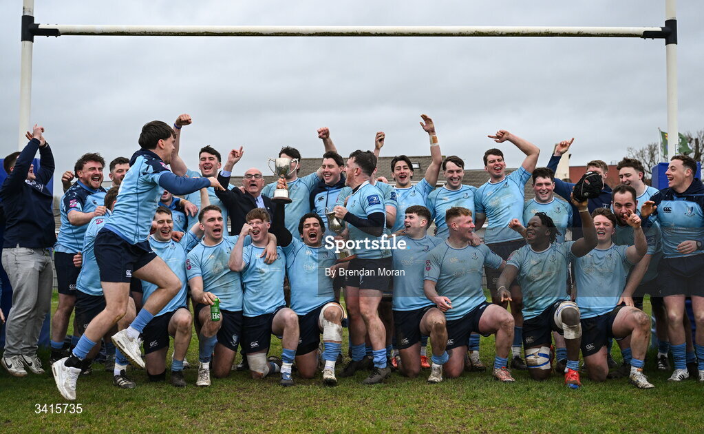4 April 2026; The MU Barnhall team celebrate with the Energia AIL Division 2 cup after the Energia Men's All-Ireland League Division match between MU Barnhall and Wanderers RFC at MU Barnhall RFC in Parsonstown, Kildare. Photo by Brendan Moran/Sportsfile