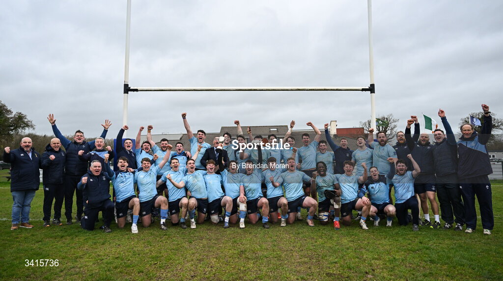 4 April 2026; The MU Barnhall team celebrate with the Energia AIL Division 2 cup after the Energia Men's All-Ireland League Division match between MU Barnhall and Wanderers RFC at MU Barnhall RFC in Parsonstown, Kildare. Photo by Brendan Moran/Sportsfile