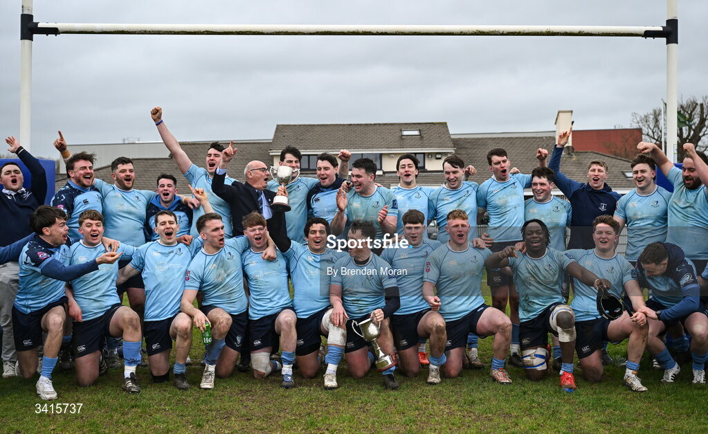 4 April 2026; The MU Barnhall team celebrate with the Energia AIL Division 2 cup after the Energia Men's All-Ireland League Division match between MU Barnhall and Wanderers RFC at MU Barnhall RFC in Parsonstown, Kildare. Photo by Brendan Moran/Sportsfile