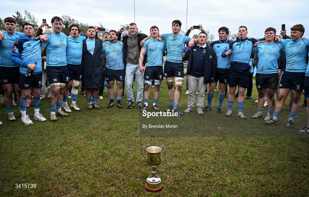 4 April 2026; The MU Barnhall team celebrate with the Energia AIL Division 2 trophy after the Energia Men's All-Ireland League Division match between MU Barnhall and Wanderers RFC at MU Barnhall RFC in Parsonstown, Kildare. Photo by Brendan Moran/Sportsfile