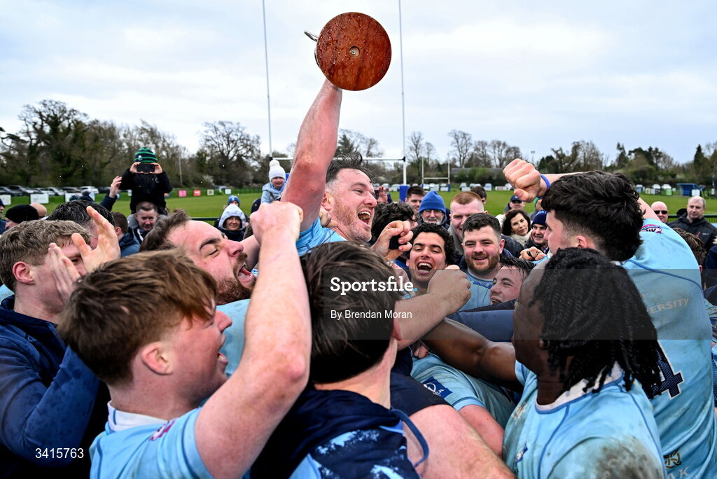 4 April 2026; MU Barnhall captain Rob Holt and teammates celebrate with the Energia AIL Division 2 trophy after the Energia Men's All-Ireland League Division match between MU Barnhall and Wanderers RFC at MU Barnhall RFC in Parsonstown, Kildare. Photo by Brendan Moran/Sportsfile