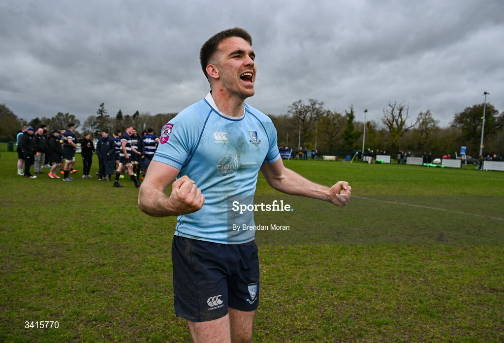 4 April 2026; Shane Mallon of MU Barnhall celebrates after the Energia Men's All-Ireland League Division match between MU Barnhall and Wanderers RFC at MU Barnhall RFC in Parsonstown, Kildare. Photo by Brendan Moran/Sportsfile