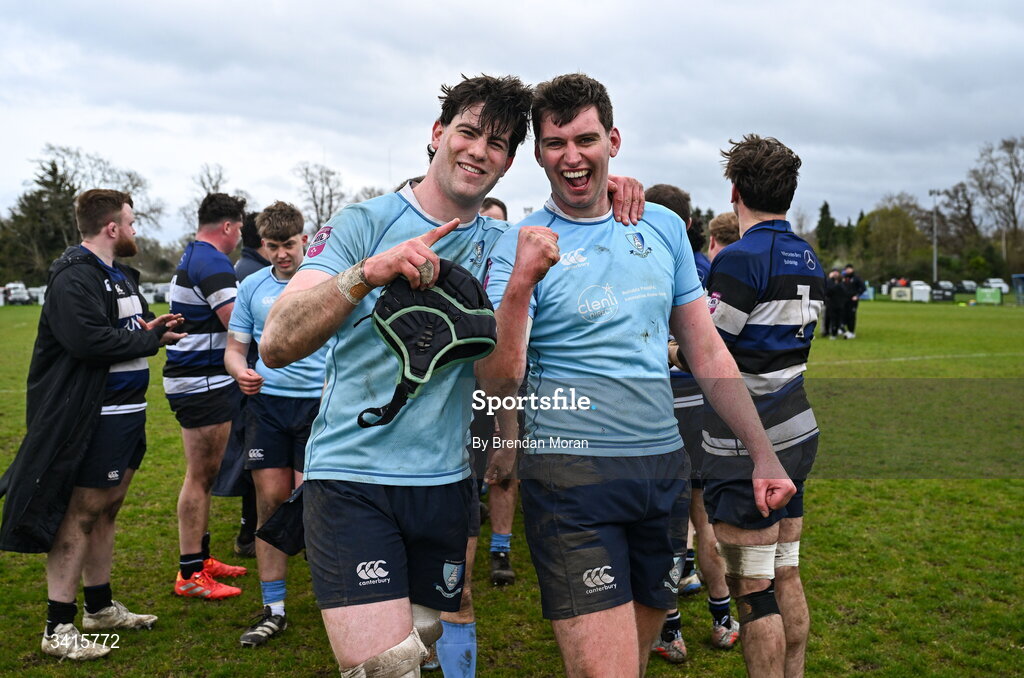 4 April 2026; Ciaran Enright, left, and Jack Hannon of MU Barnhall celebrate after the Energia Men's All-Ireland League Division match between MU Barnhall and Wanderers RFC at MU Barnhall RFC in Parsonstown, Kildare. Photo by Brendan Moran/Sportsfile
