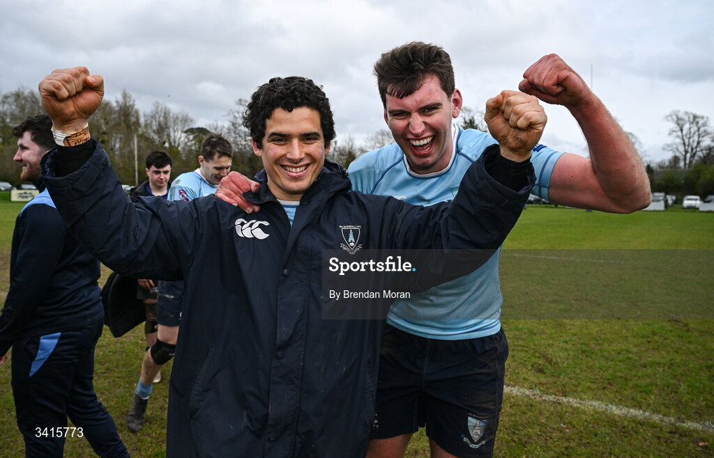 4 April 2026; Matias Giannetti, left, and Jack Hannon of MU Barnhall celebrate after the Energia Men's All-Ireland League Division match between MU Barnhall and Wanderers RFC at MU Barnhall RFC in Parsonstown, Kildare. Photo by Brendan Moran/Sportsfile