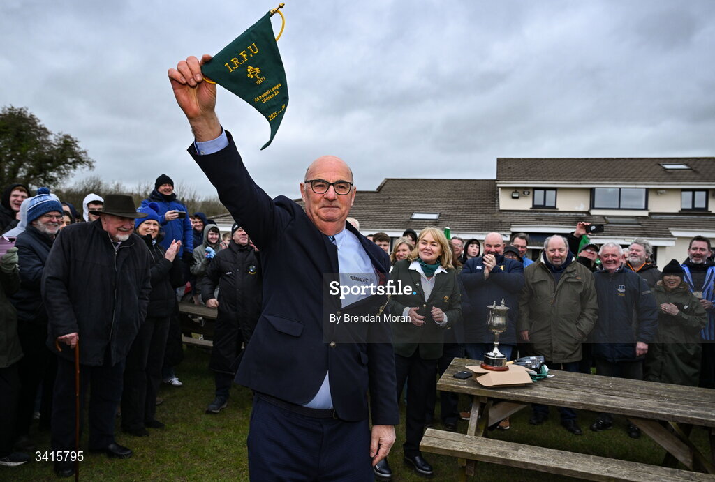 4 April 2026; MU Barnhall club president Paul Murphy with the Energia AIL Division 2 pennant after the Energia Men's All-Ireland League Division match between MU Barnhall and Wanderers RFC at MU Barnhall RFC in Parsonstown, Kildare. Photo by Brendan Moran/Sportsfile