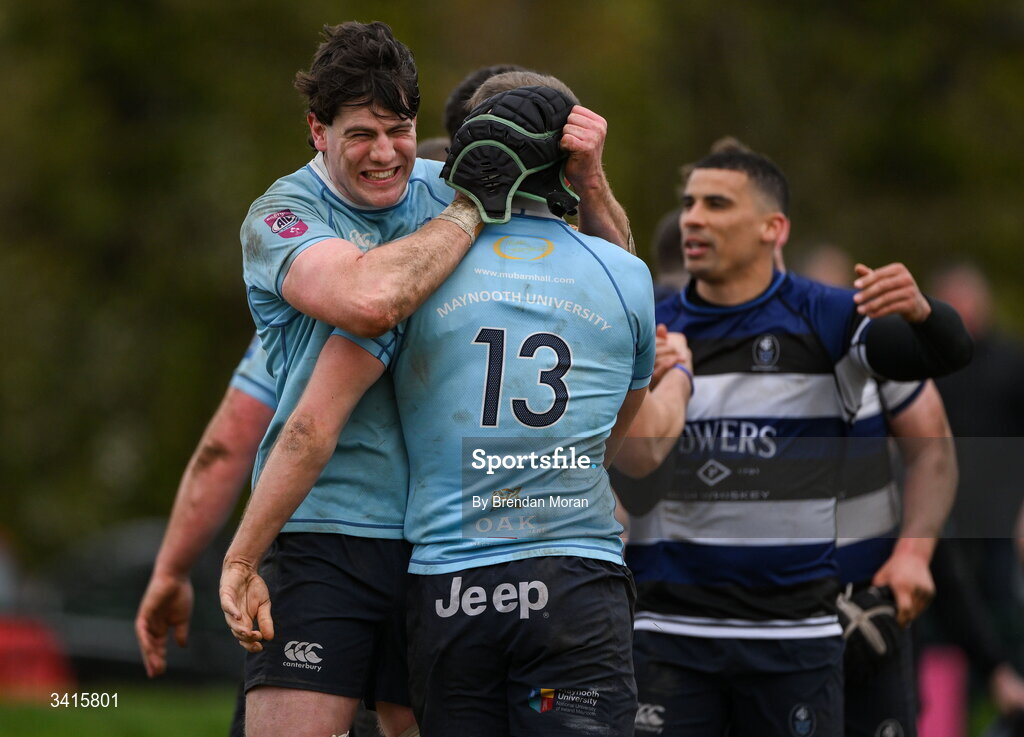 4 April 2026; Ciaran Enright, left, and Shane Mallon of MU Barnhall celebrate after the Energia Men's All-Ireland League Division match between MU Barnhall and Wanderers RFC at MU Barnhall RFC in Parsonstown, Kildare. Photo by Brendan Moran/Sportsfile