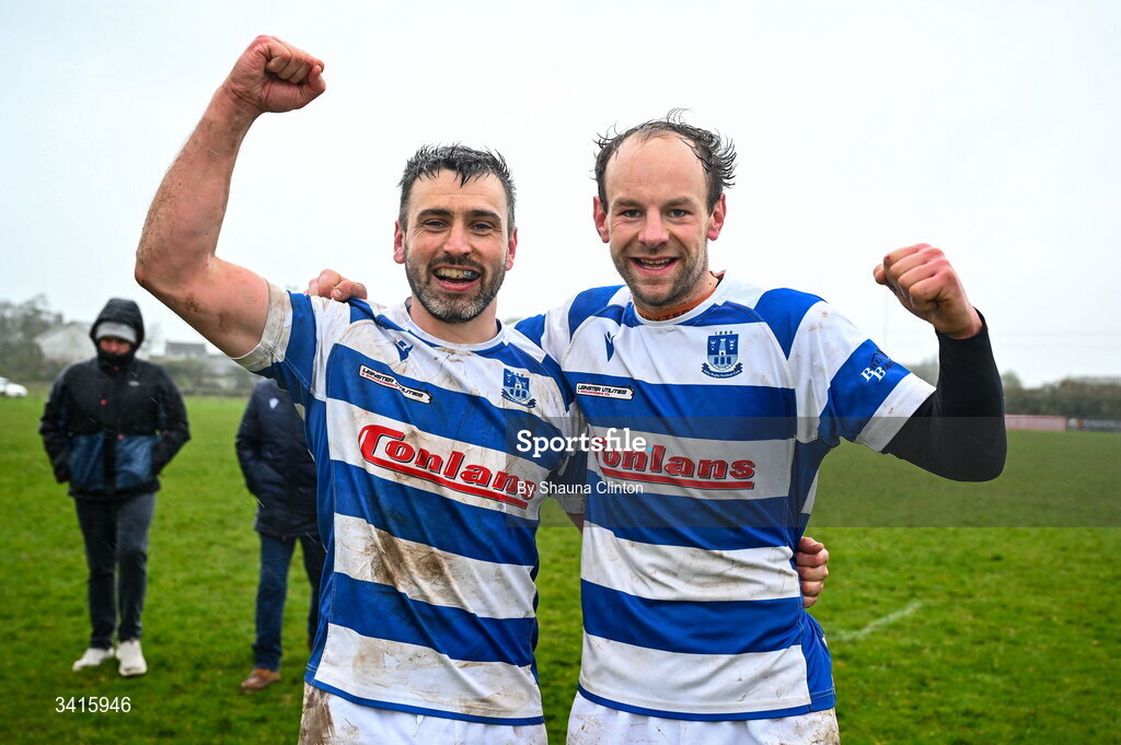 4 April 2026; Athy RFC players Eoin Farrell, left, and Craig Millar celebrate after their side's victory in the Bank of Ireland Provincial Towns Cup semi-final match between Athy RFC and Longford RFC at Cill Dara RFC in Silken Thomas Park in Kildare. Photo by Shauna Clinton/Sportsfile