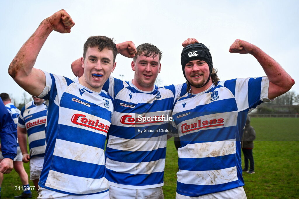 4 April 2026; Athy RFC players celebrate after their side's victory in the Bank of Ireland Provincial Towns Cup semi-final match between Athy RFC and Longford RFC at Cill Dara RFC in Silken Thomas Park in Kildare. Photo by Shauna Clinton/Sportsfile