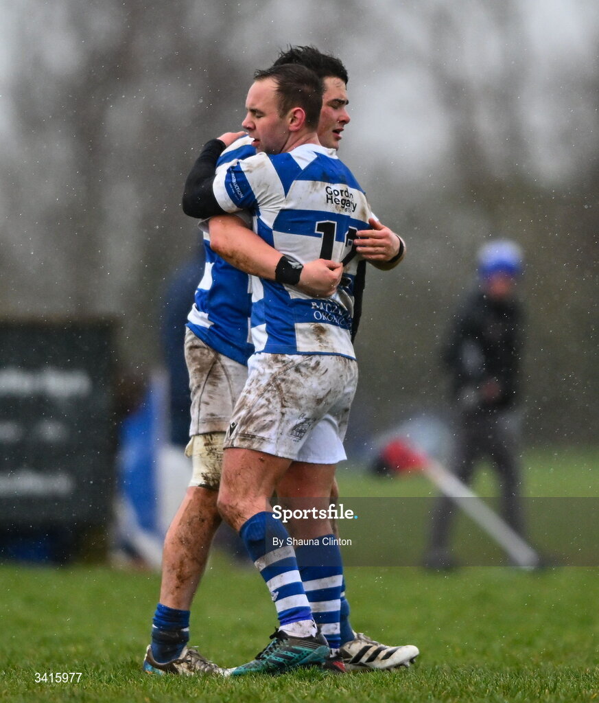 4 April 2026; Athy RFC players celebrate after their side's victory in the Bank of Ireland Provincial Towns Cup semi-final match between Athy RFC and Longford RFC at Cill Dara RFC in Silken Thomas Park in Kildare. Photo by Shauna Clinton/Sportsfile