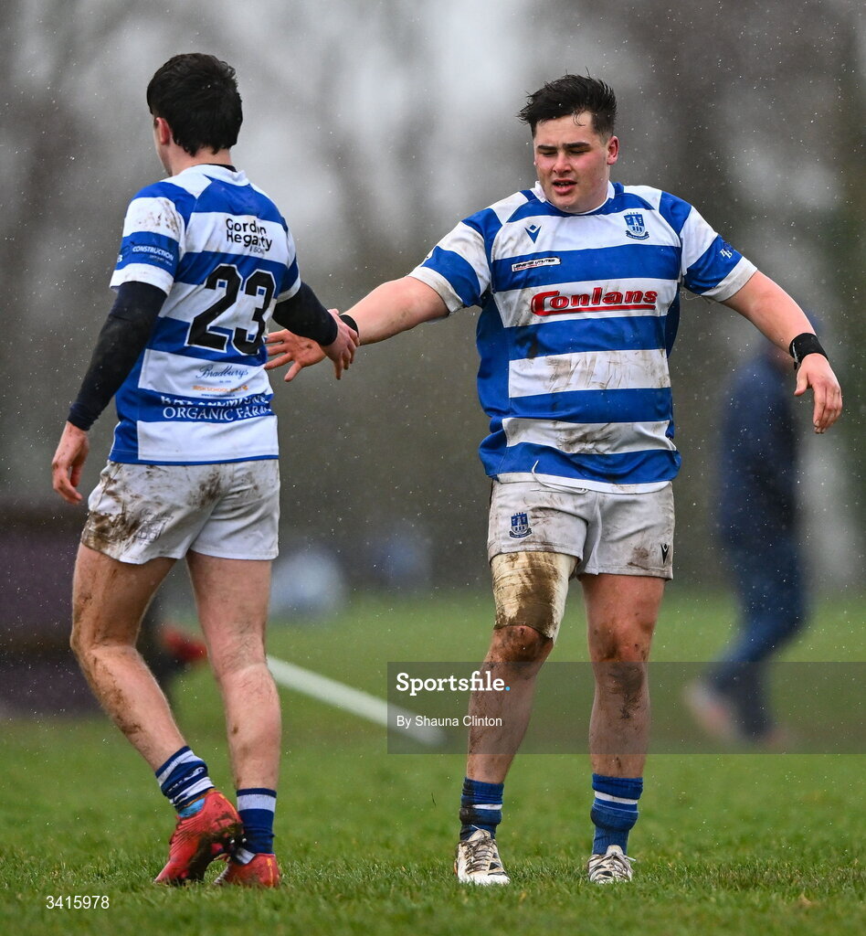 4 April 2026; Athy RFC players celebrate after their side's victory in the Bank of Ireland Provincial Towns Cup semi-final match between Athy RFC and Longford RFC at Cill Dara RFC in Silken Thomas Park in Kildare. Photo by Shauna Clinton/Sportsfile